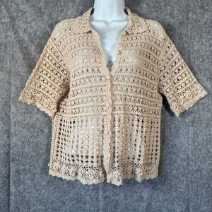 Vtg Crochet Knit Cardigan Top Womens Small Beige Cottagecore Boho Festival Knit